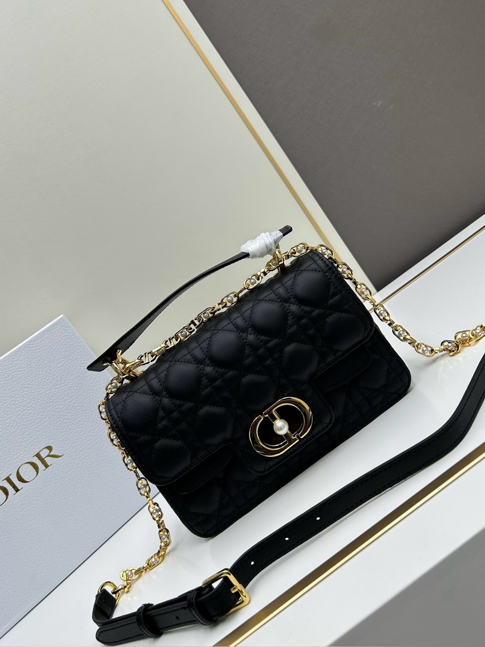 Dior Black Quilted Shoulder Bag with Gold Chain and Pearl Detail